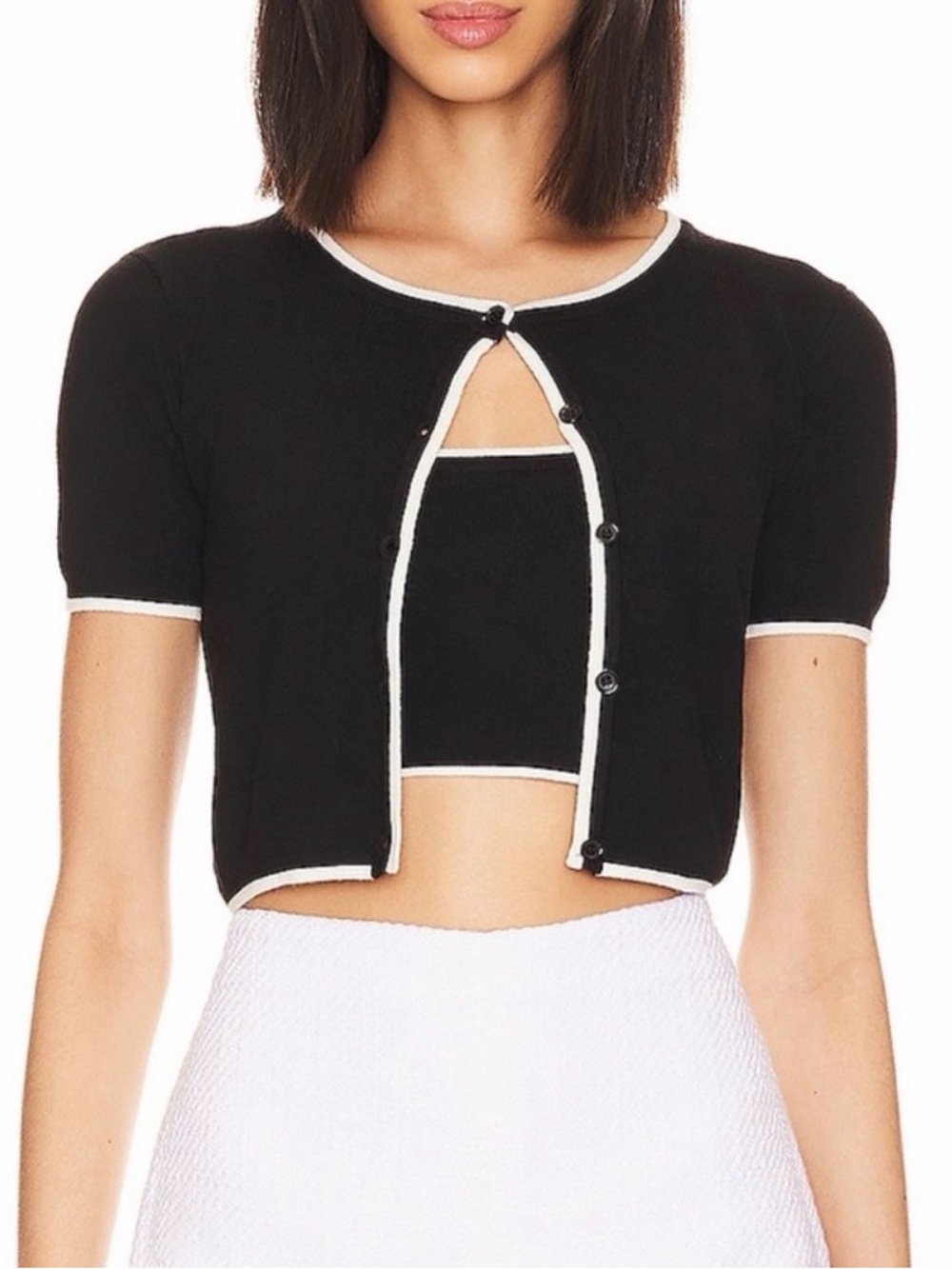 MAJORELLE Black Cropped Cardigan with White Trim Set